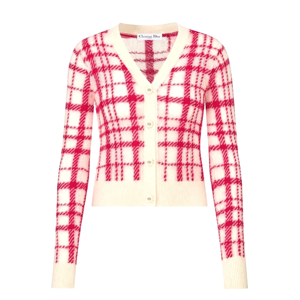 ÁO DIOR Women Buttoned Cardigan Raspberry and Ecru Check’n’Dior Pop Technical Wool