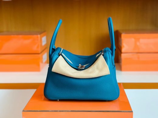 Túi Hermes Lindy Izmir blue Silver Hardware Handmade khâu tay 26cm