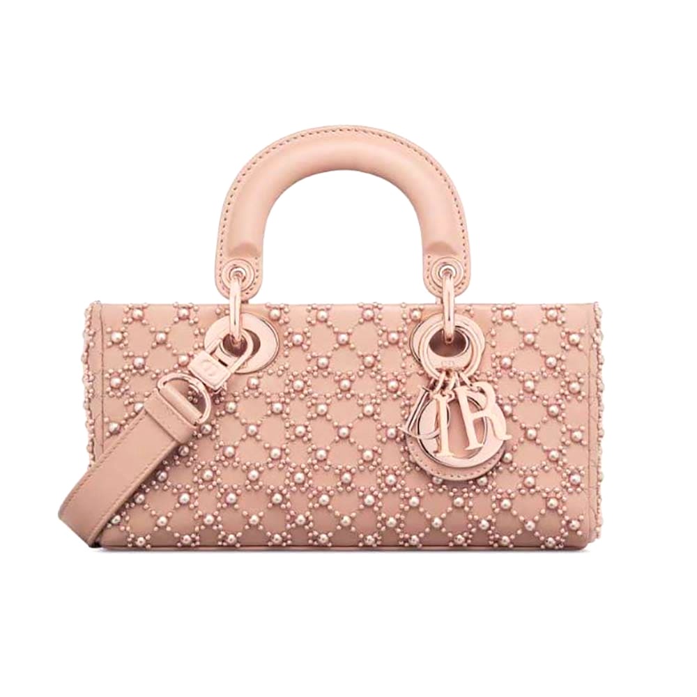 TÚI Dior Women Small Lady D-joy Bag Rose Des Vents Cannage Calfskin Embroidered with Resin Pearls