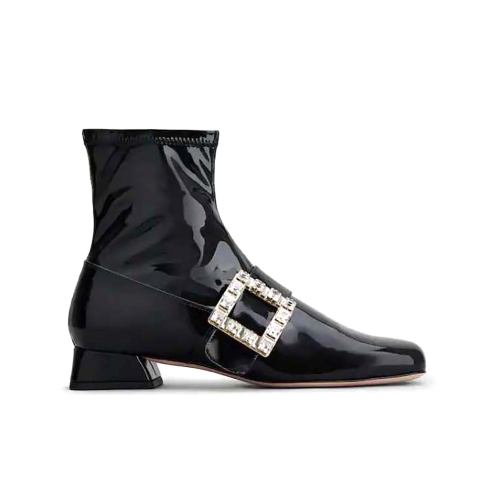 GIÀY Roger Vivier Women Très Vivier Babies Strass Buckle Strech Boots in Patent Leather-Black
