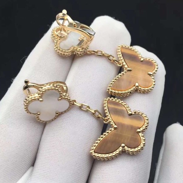 BÔNG TAI CLEEF & ARPELS ALHAMBRA M.O.P FT BUTTERFLY TIGER EYE GOLD 18K YELLOW GOLD