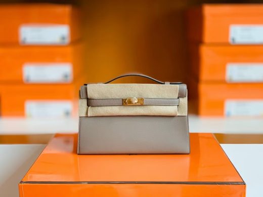 Túi Hermes Kelly Pochette Epsom gris ashpite Gold Hardware Handmade khâu tay 22cm