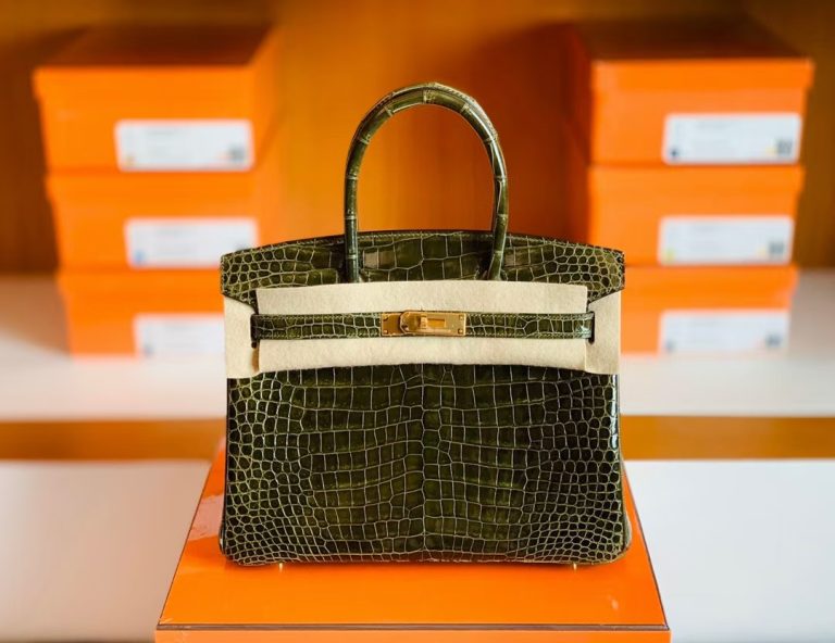 Túi Hermes Birkin Porosus Shiny Olive green Gold Hardware Handmade khâu tay 30cm