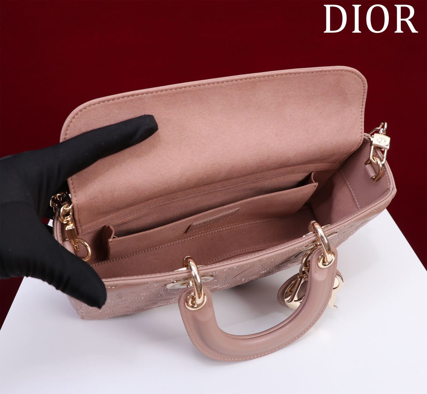 TÚI CHRISTIAN DIOR LADY D-JOY PINK Quilted-Effect Lambskin with Ornamental Motif