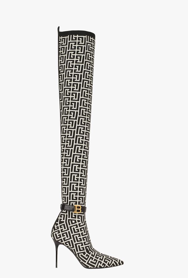 GIÀY BALMAIN Bicolor knit Raven thigh-high boots with monogram strap