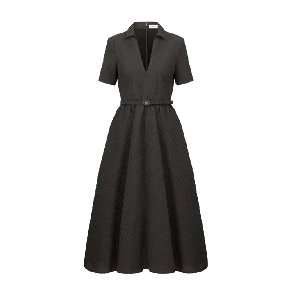 VÁY Dior Women Mid-Length Belted Dress Black Matte Cloqué Technical Fabric