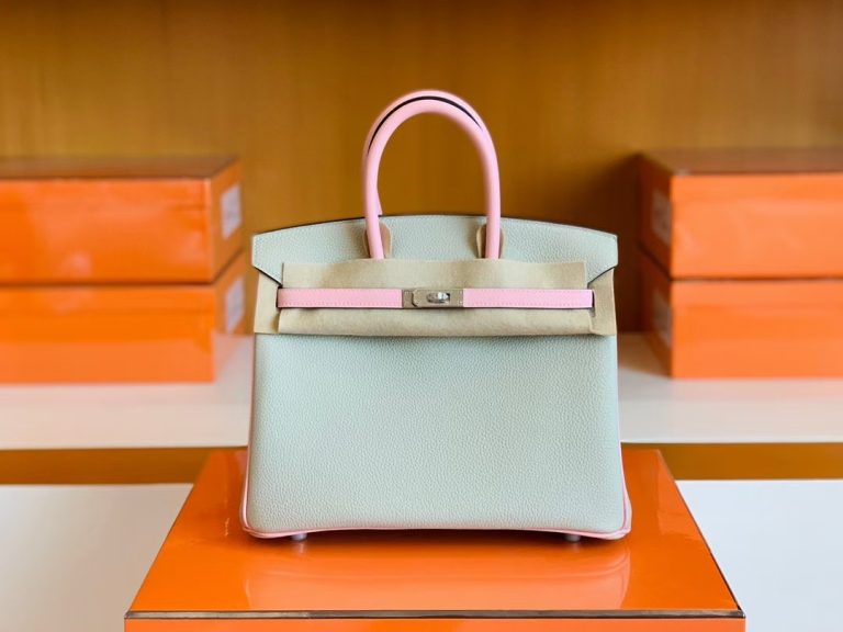 Túi Hermes Birkin Togo & Swift Pearl grey & Pink Silver Handmade khâu tay 25cm