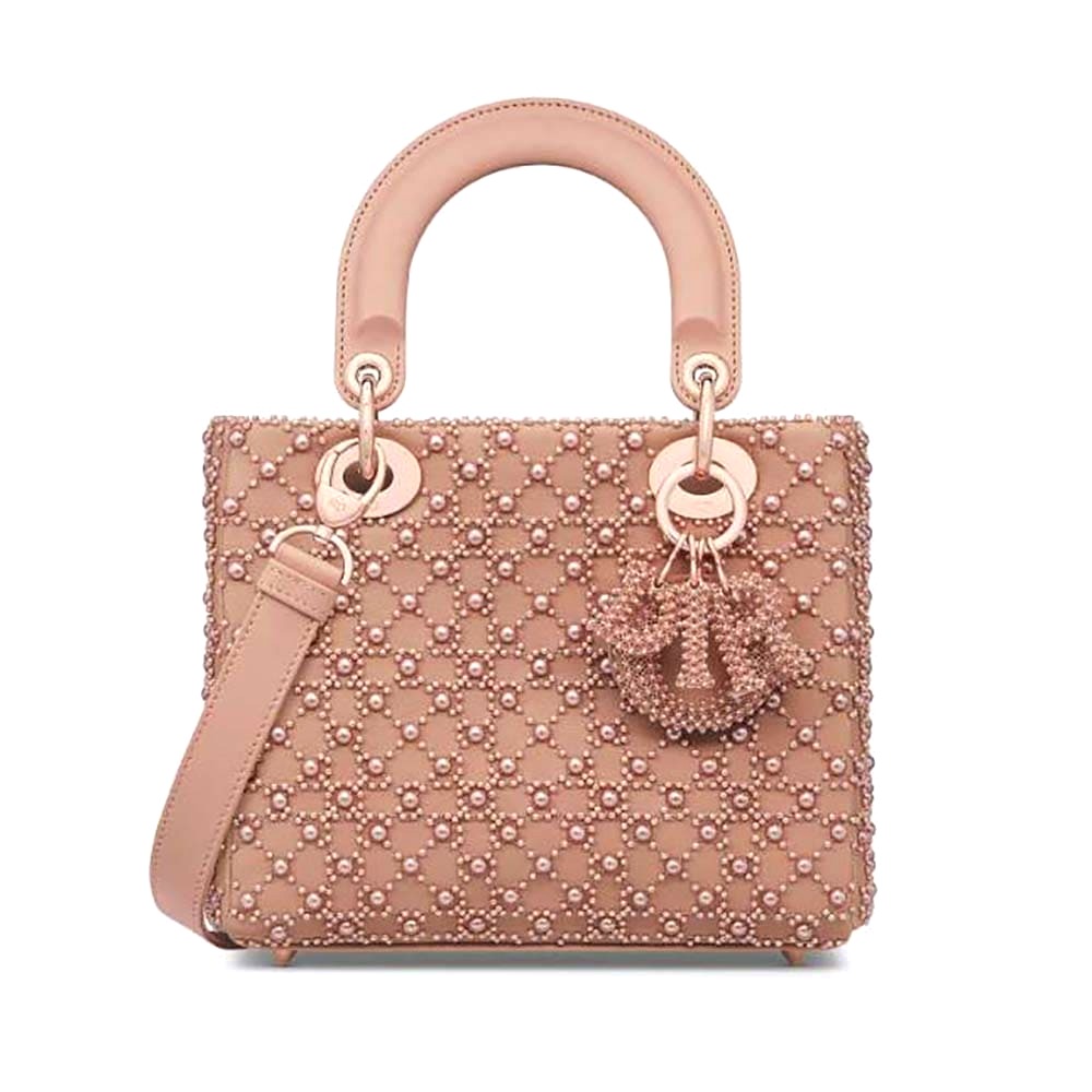 TÚI Dior Women Small Lady Dior Bag Rose Des Vents Cannage Calfskin Embroidered with Resin Pearls
