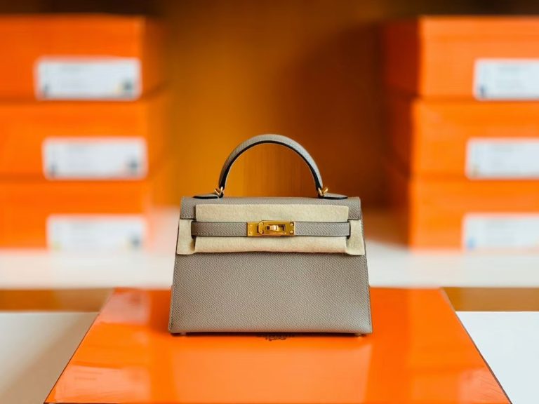 Túi Hermes Mini Kelly Epsom gris ashpite Gold Hardware Handmade khâu tay 19cm