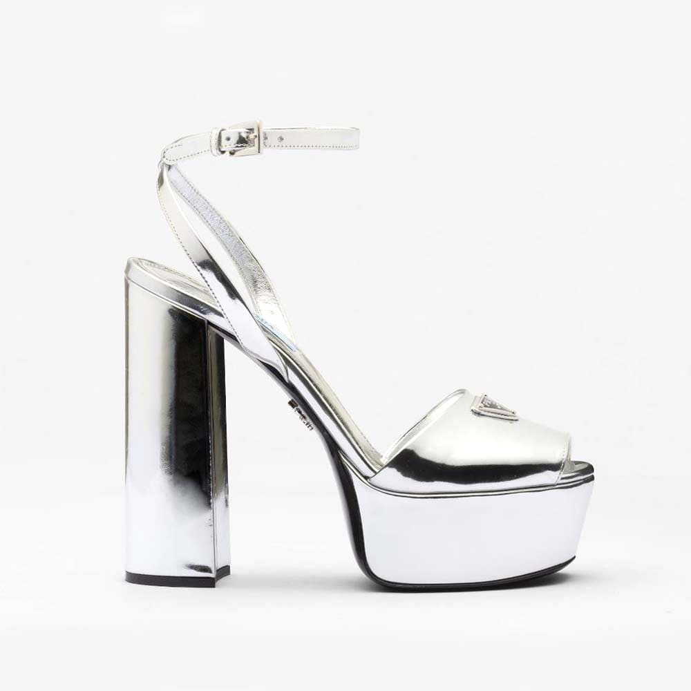 GIÀY Prada Women Metallic Leather Platform Sandals-Silver
