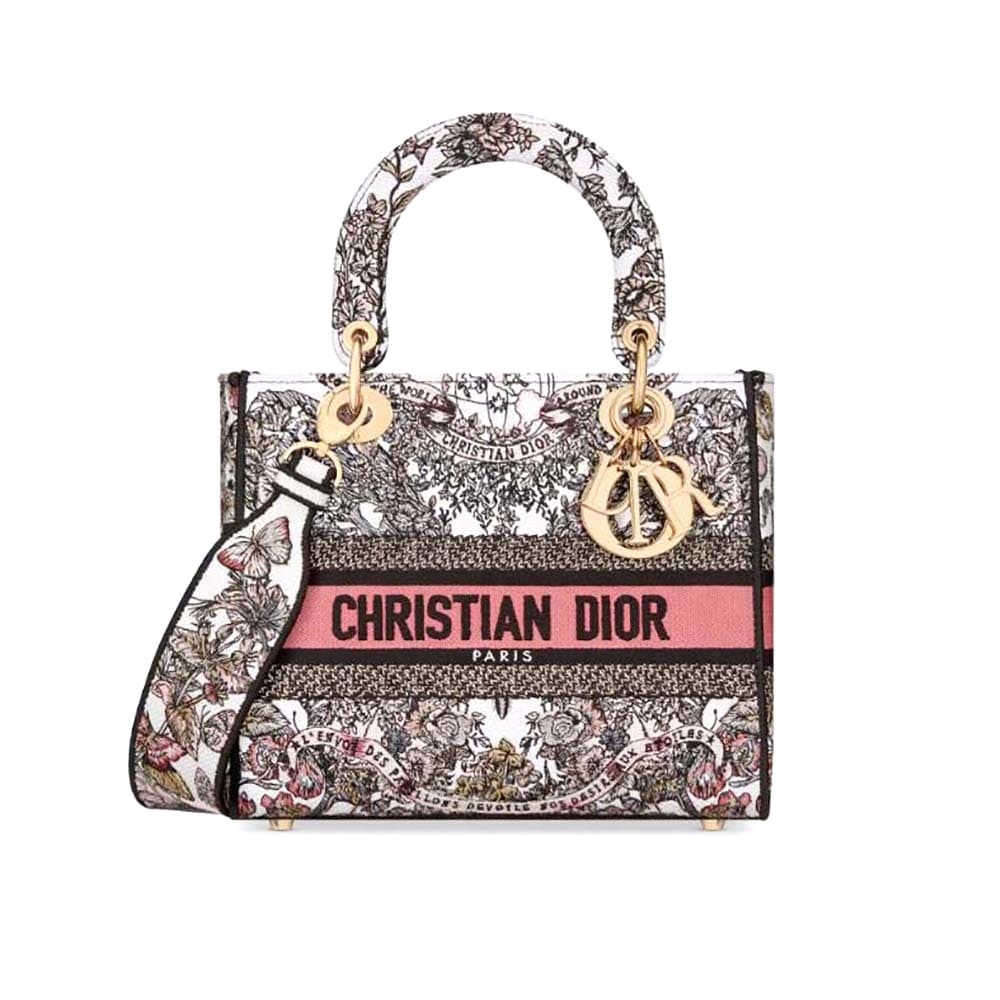 TÚI Dior Women Medium Lady D-lite Bag White and Pastel Pink Butterfly Around The World Embroidery