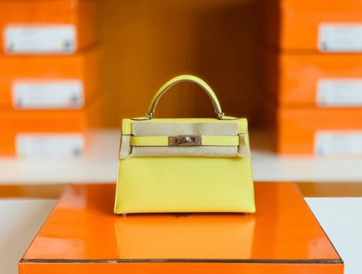 Túi Hermes Mini Kelly Epsom 9R Lemon Yellow Silver Hardware Handmade khâu tay 19cm