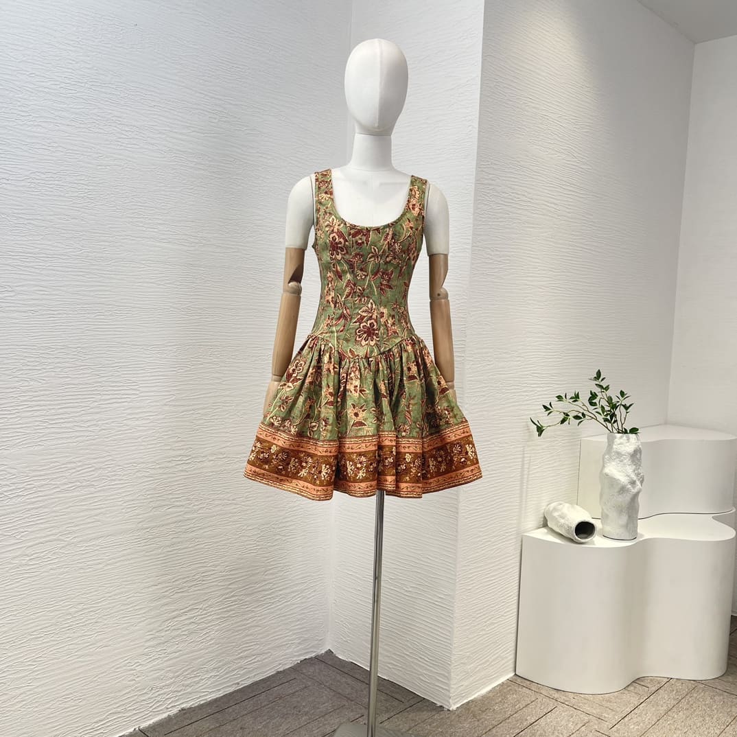 VÁY ZIMMERMANN Green Square Collar Sleeveless Floral Print Mini Dress High Classy