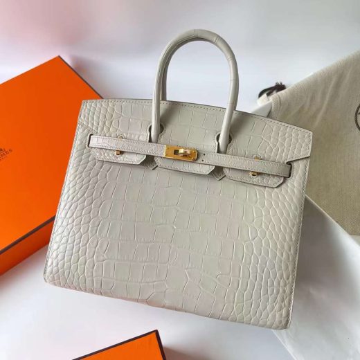 Túi Hermes Birkin Sellier Matte Alligator Crocodile da cá sấu Creamy White Gold Hardware Handmade khâu tay 25cm