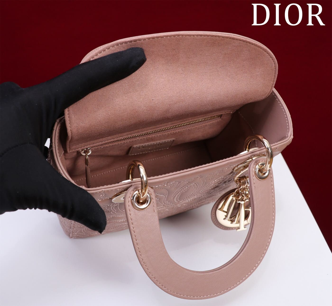 TÚI CHRISTIAN DIOR LADY DIOR Quilted-Effect Lambskin with Ornamental Motif Pink