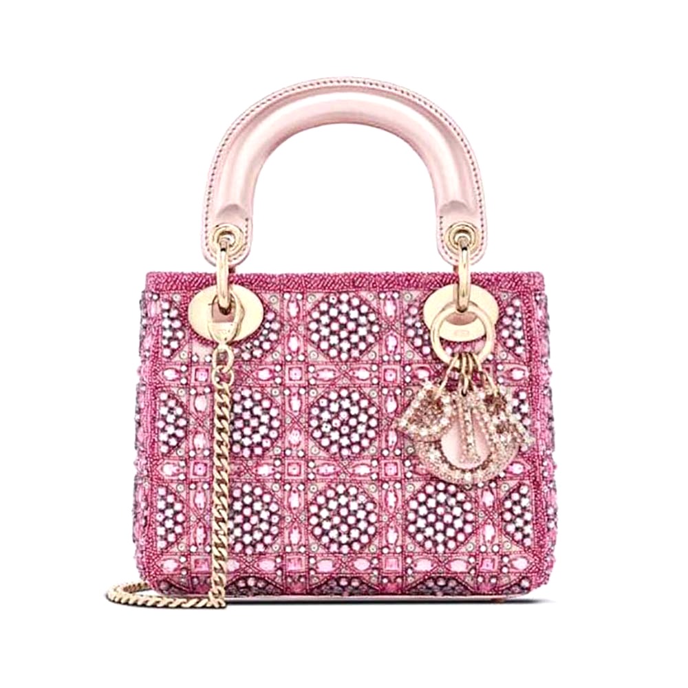 TÚI Dior Women Small Lady Dior Bag Metallic Calfskin and Satin with Rose Des Vents Resin Pearl Embroidery