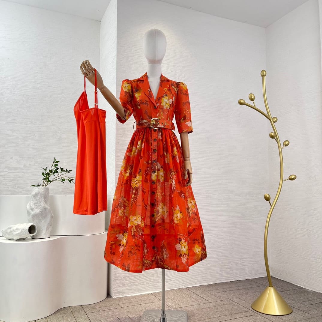 VÁY ZIMMERMANN Holiday Orange Short Sleeve Floral Print Midi Dress High Classy