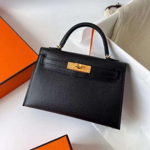 Túi Hermes Mini Kelly Epsom Black Gold Hardware Handmade khâu tay 19cm