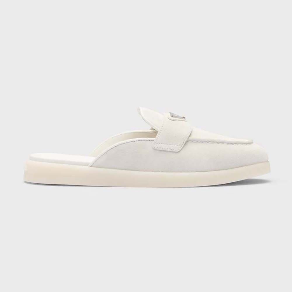 GIÀY Prada Unisex Suede Leather Sabots with Enameled Metal Triangle Logo-White