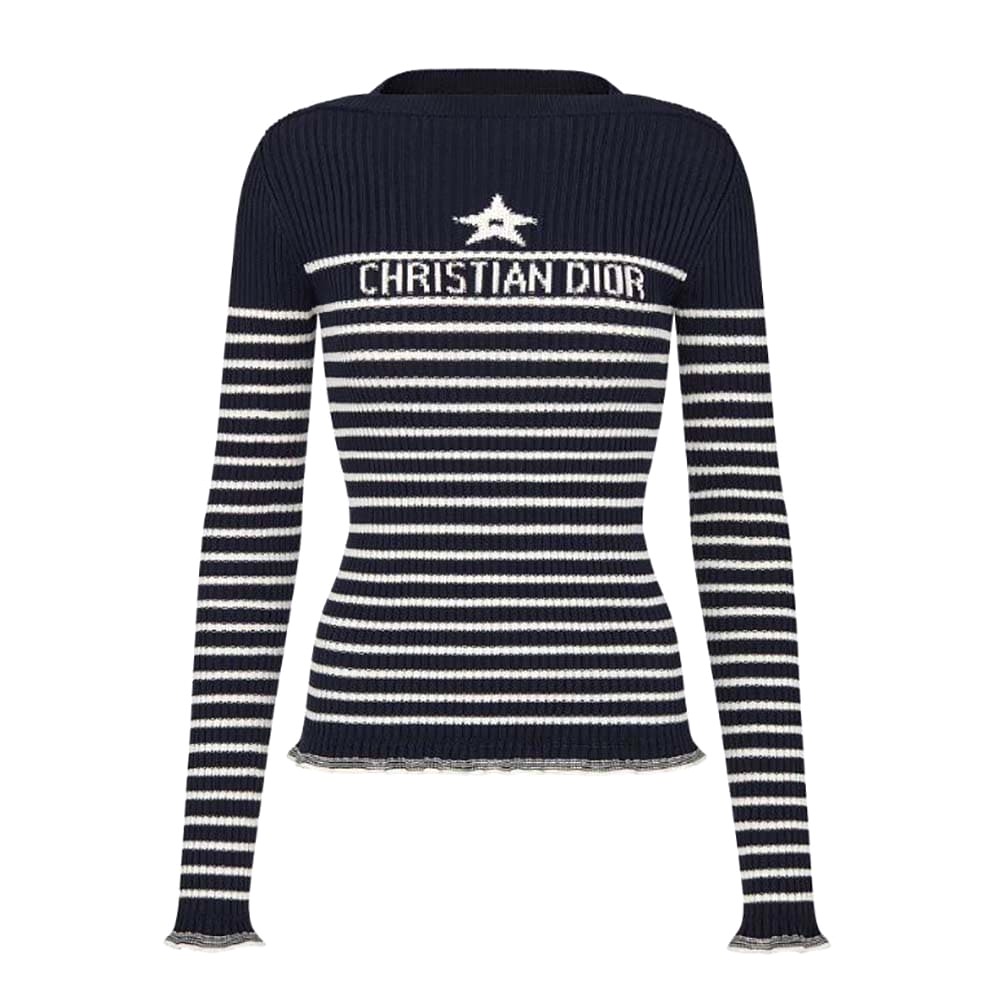 ÁO Dior Women Sweater Navy Blue and White Cotton Ribbed Knit with Signature