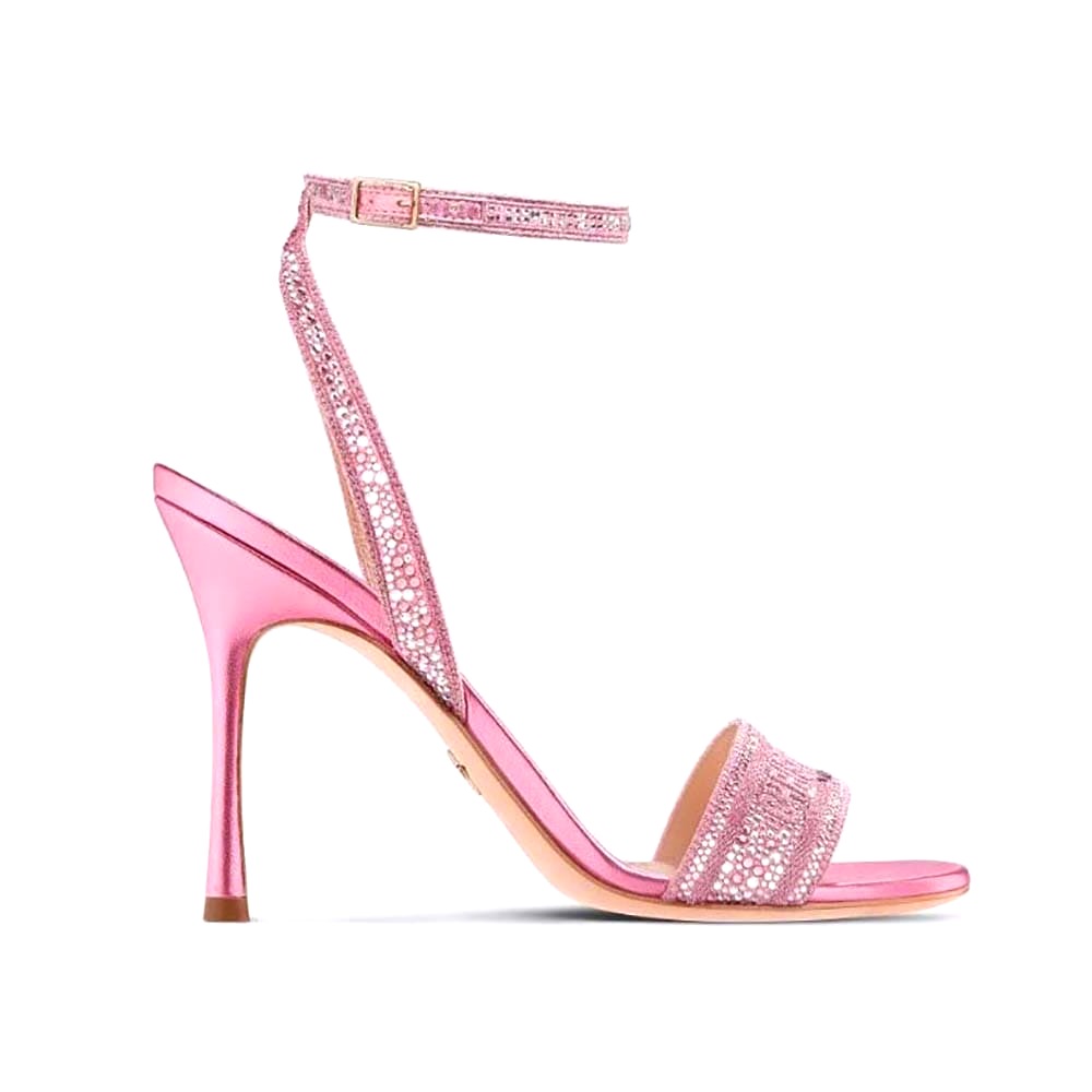 GIÀY Dior Women Dway Heeled Slide Pink Cotton Embroidered with Metallic Thread and Strass