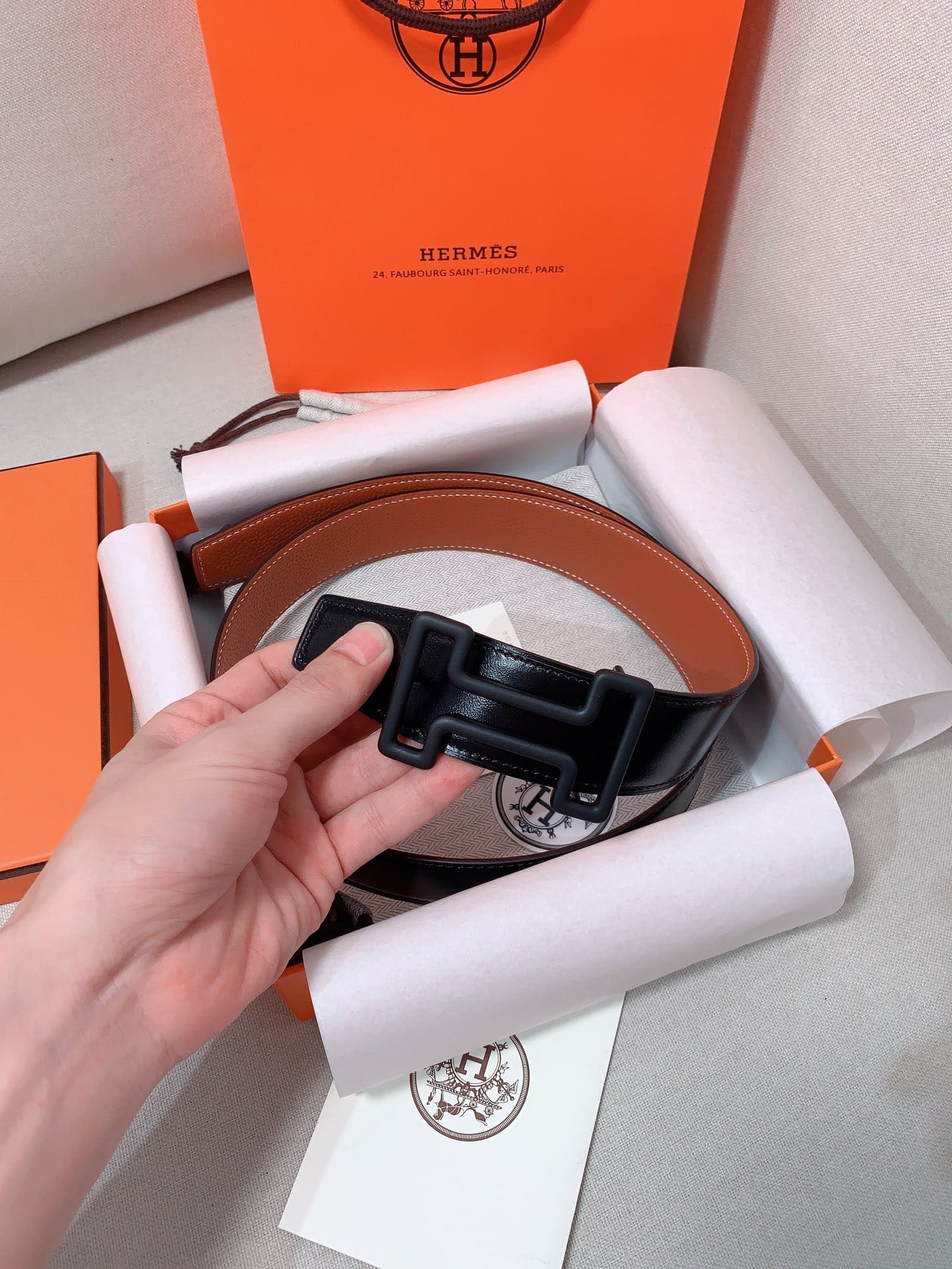 DÂY LƯNG HERMES H Togo leather hai mặt khóa đen