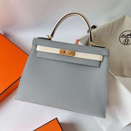 Túi Hermes Kelly Epsom Ice Blue & Creamy White Gold Hardware Handmade khâu tay 28cm