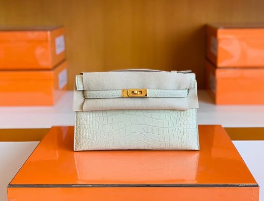 Túi Hermes Mini Kelly Pochette Matte alligator crocodile da cá sấu Creamy White Gold Hardware Handmade khâu tay 22cm
