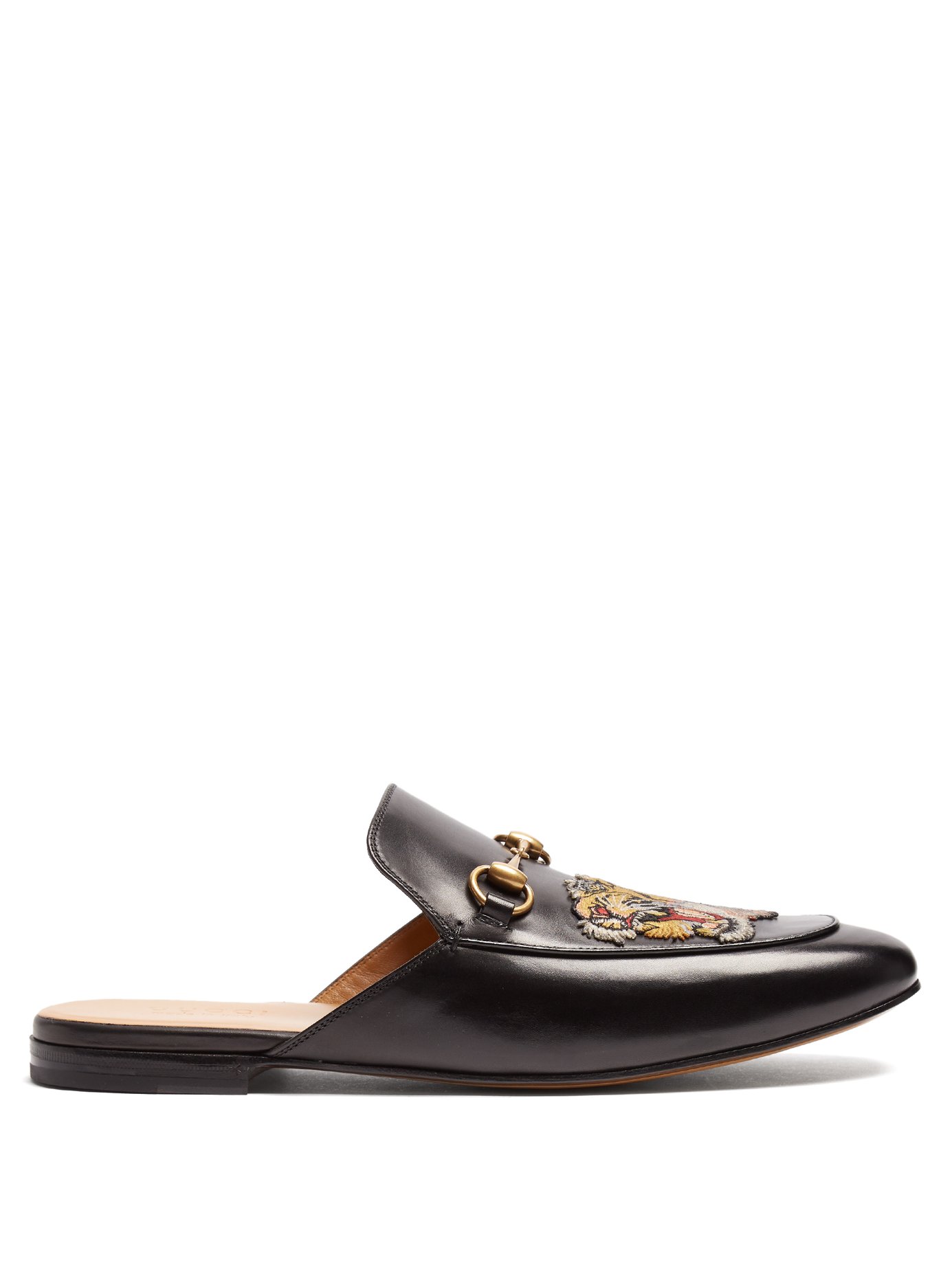 GIÀY GUCCI Princetown tiger-appliqué leather backless loafers