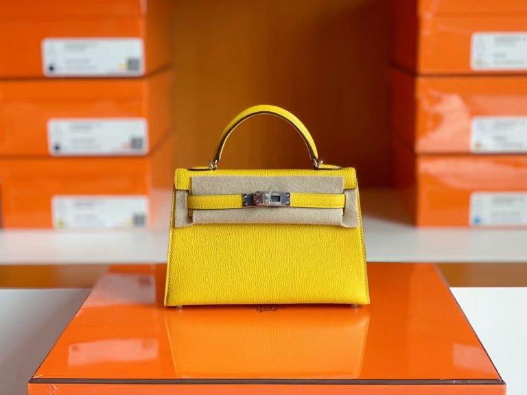 Túi Hermes Mini Kelly Chevre Naples yellow Silver Hardware Handmade khâu tay 19cm