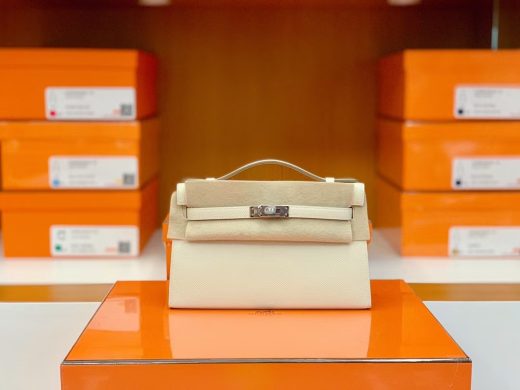 Túi Hermes Mini kelly pochette Epsom Creamy White Silver Hardware Handmade khâu tay 22cm