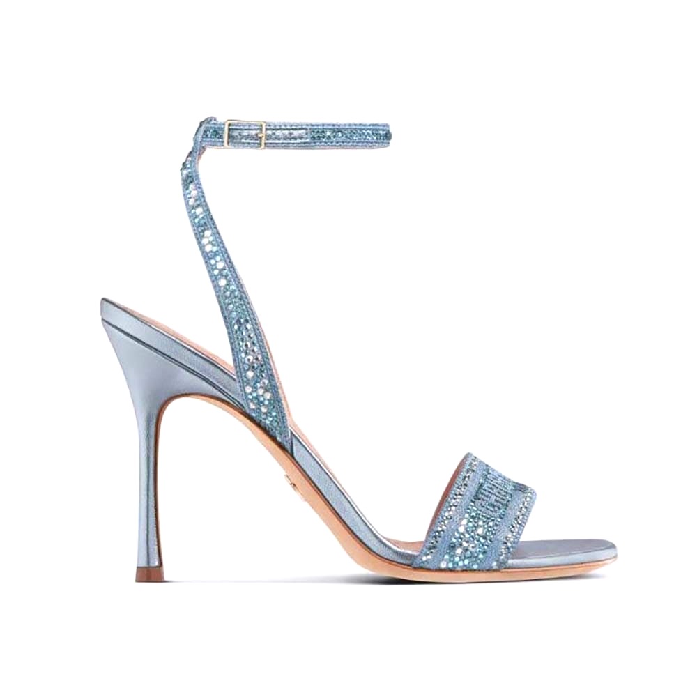 GIÀY Dior Women Dway Heeled Slide Blue Cotton Embroidered with Metallic Thread and Strass