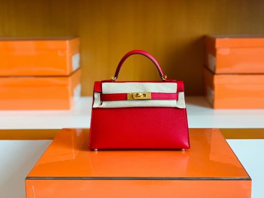 Túi Hermes Mini Kelly Epsom Bright Red Gold Hardware Handmade khâu tay 19cm