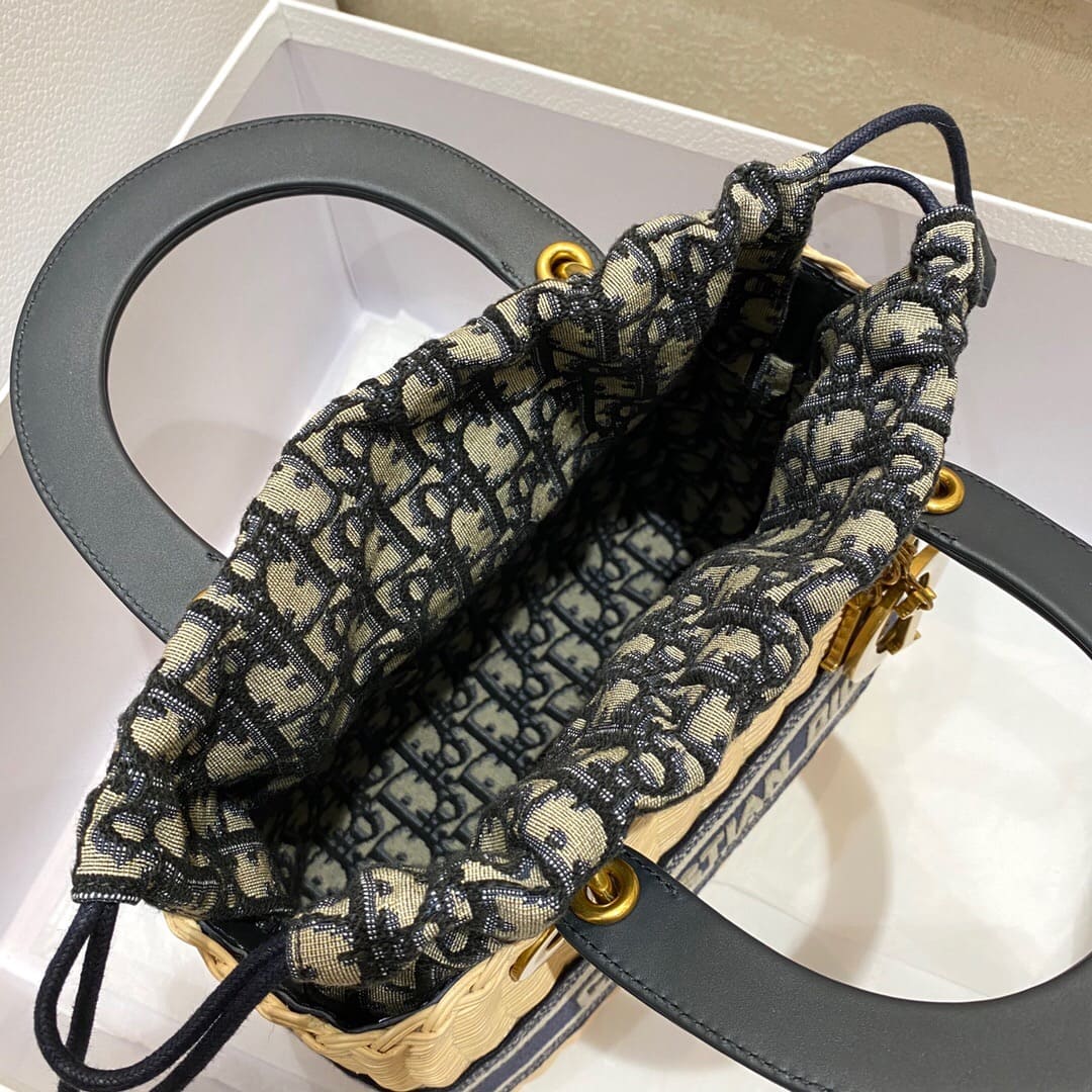 TÚI Dior Women Medium Lady Dior Bag Natural Wicker and Black Dior Oblique Jacquard
