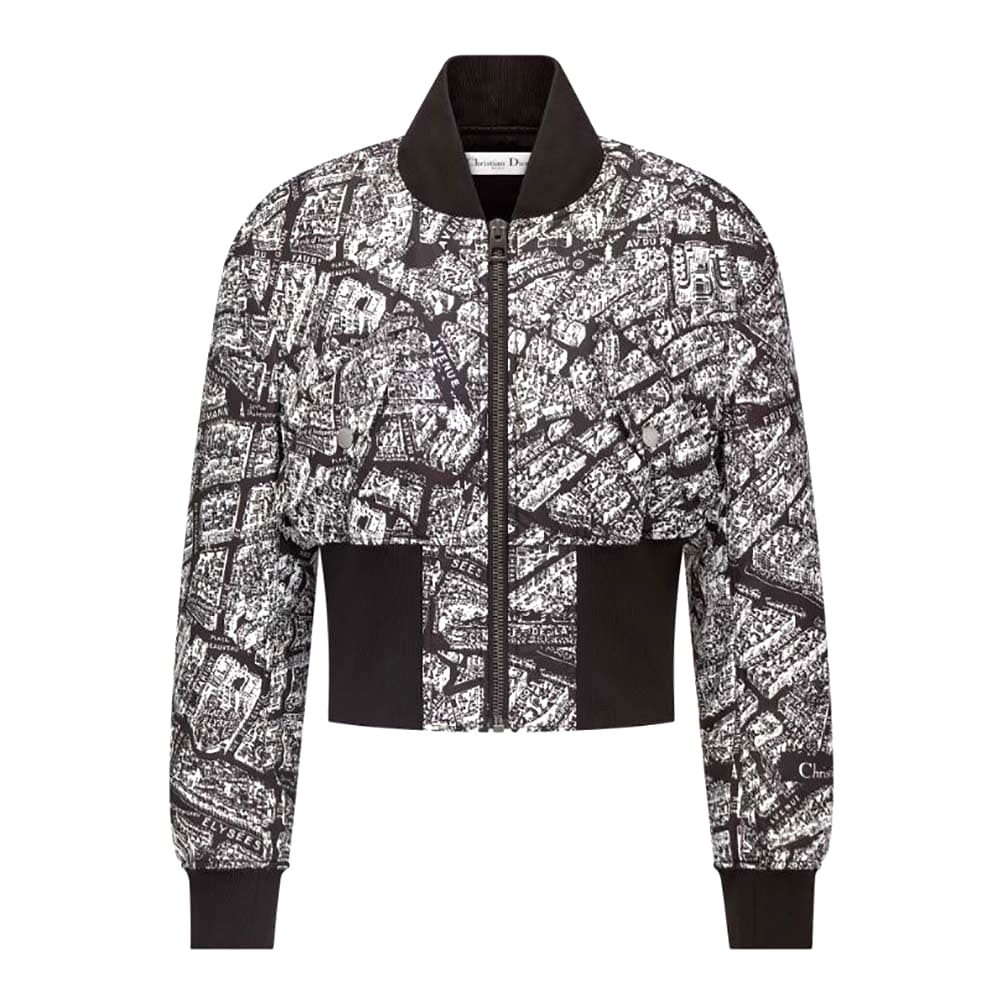 ÁO Dior Women Cropped Bomber Jacket Black and White Technical Taffeta Jacquard