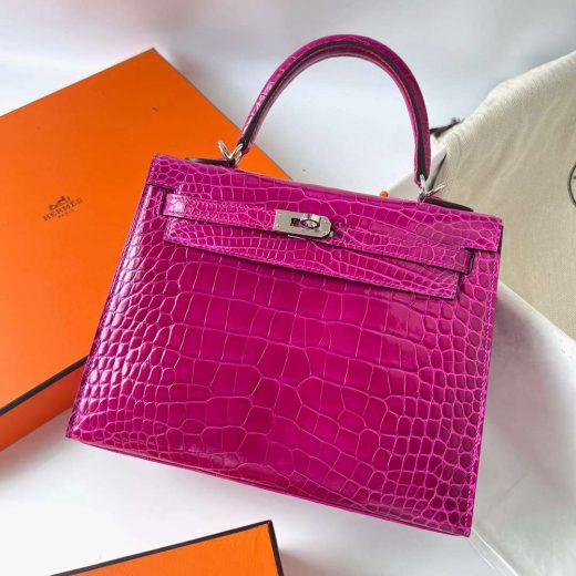 Túi Hermes Kelly Shiny Alligator Crocodile da cá sấu Deep Rose Pink Purple Silver Hardware Handmade khâu tay 25cm