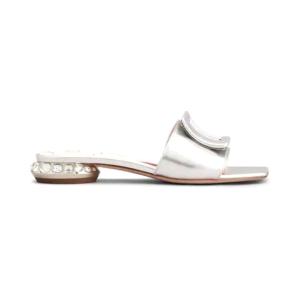 DÉP Roger Vivier Women Strass Heel Covered Buckle Mules in Leather Silver