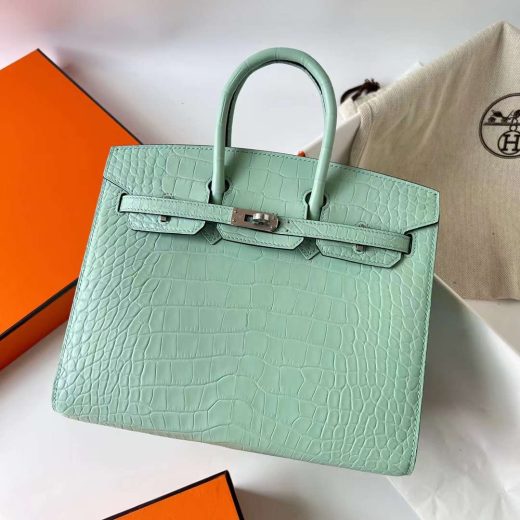 Túi Hermes Birkin Sellier Matte Alligator Crocodile da cá sấu Mint green Silver Hardware Handmade khâu tay 25cm