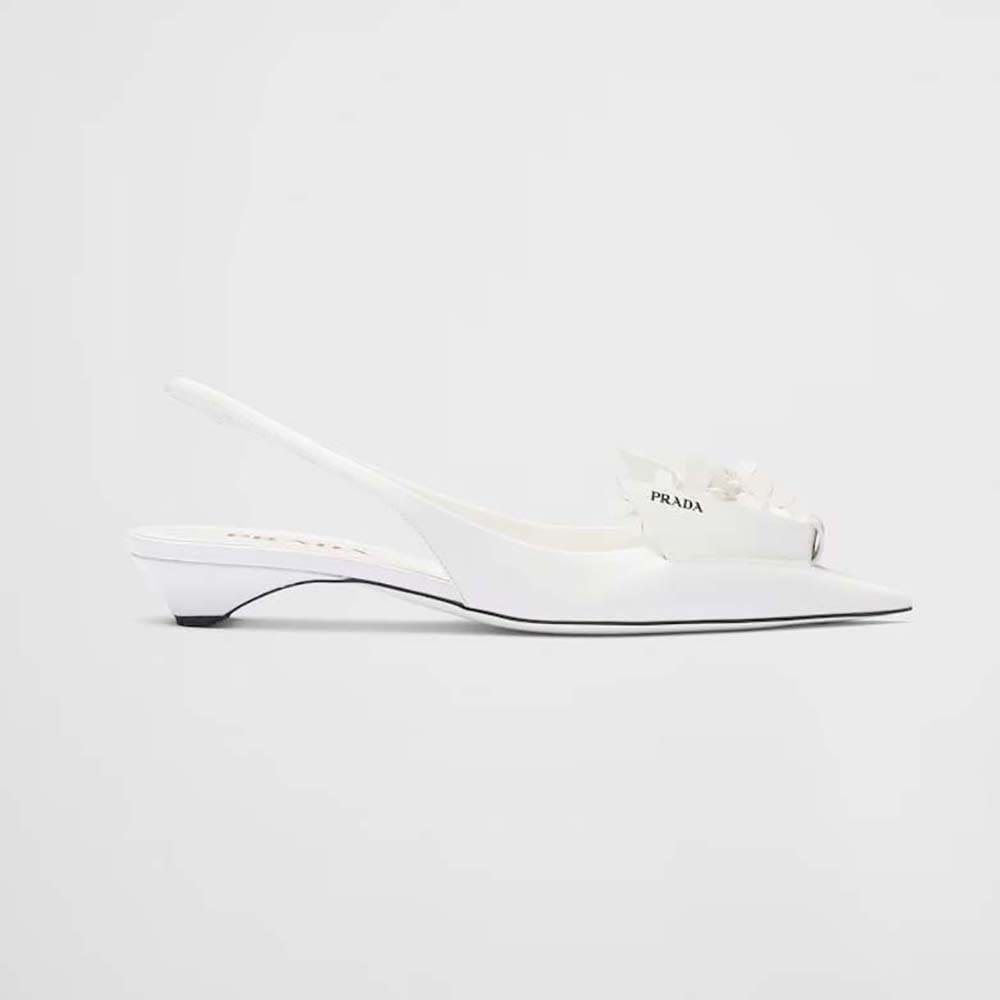 GIÀY Prada Women Brushed Leather Slingback Pumps with Floral Appliques-White