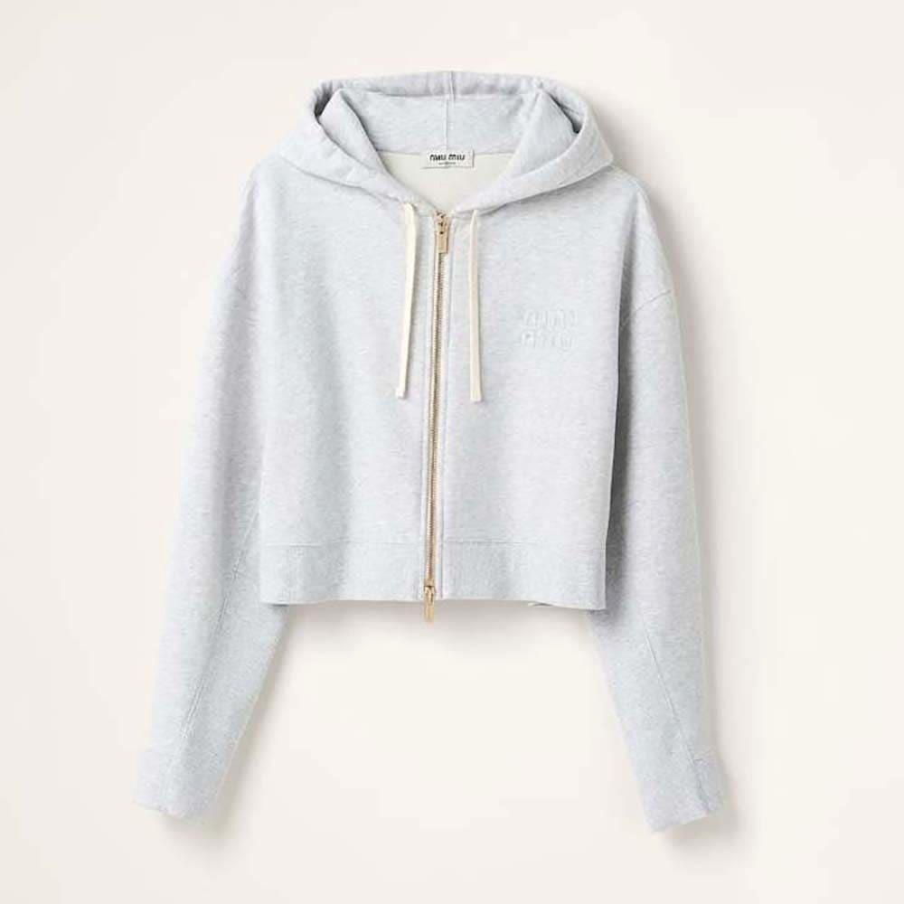 ÁO Miu Miu Women Embroidered Cotton Fleece Hoodie with Embroidered Logo-Silver