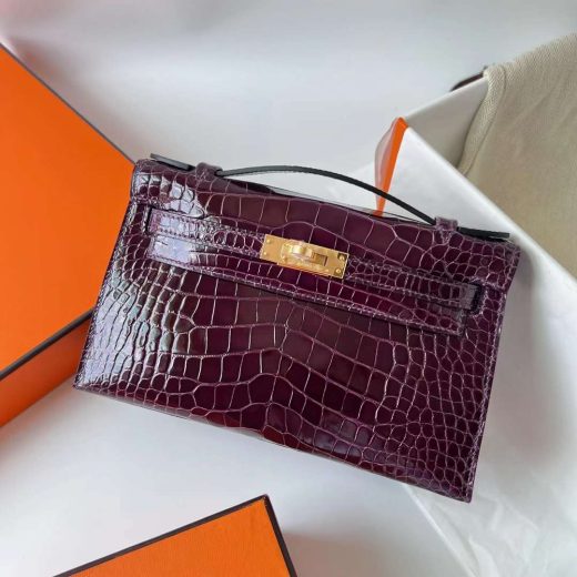 Túi Hermes Mini Kelly Pochette shiny alligator purple Gold Hardware Handmade khâu tay 22cm