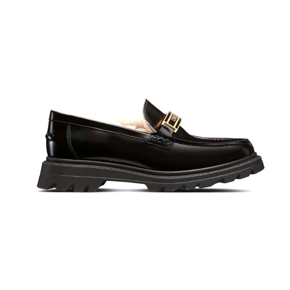 GIÀY Dior Women Code Loafer Black Brushed Calfskin and White Shearling