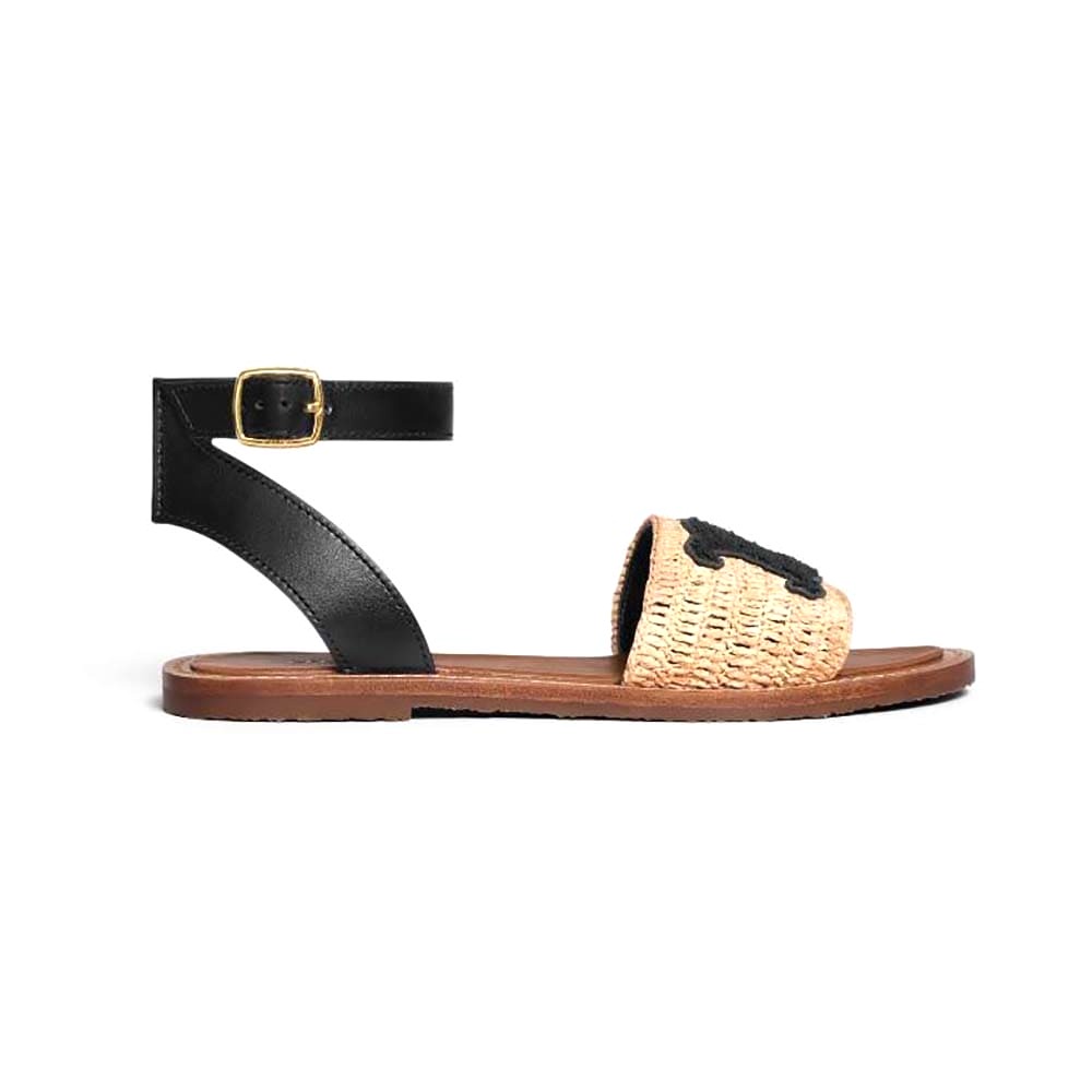 DÉP Sandals Celine Women Lympia Flat Strap Sandal in Raffia & Calfskin-Black