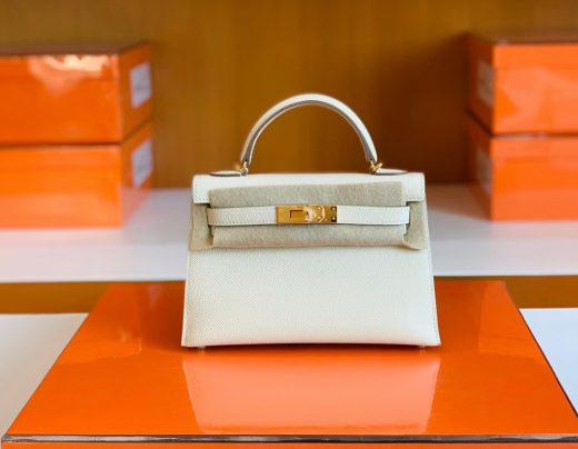 Túi Hermes mini kelly Epsom Creamy White Silver Hardware Handmade khâu tay 19cm