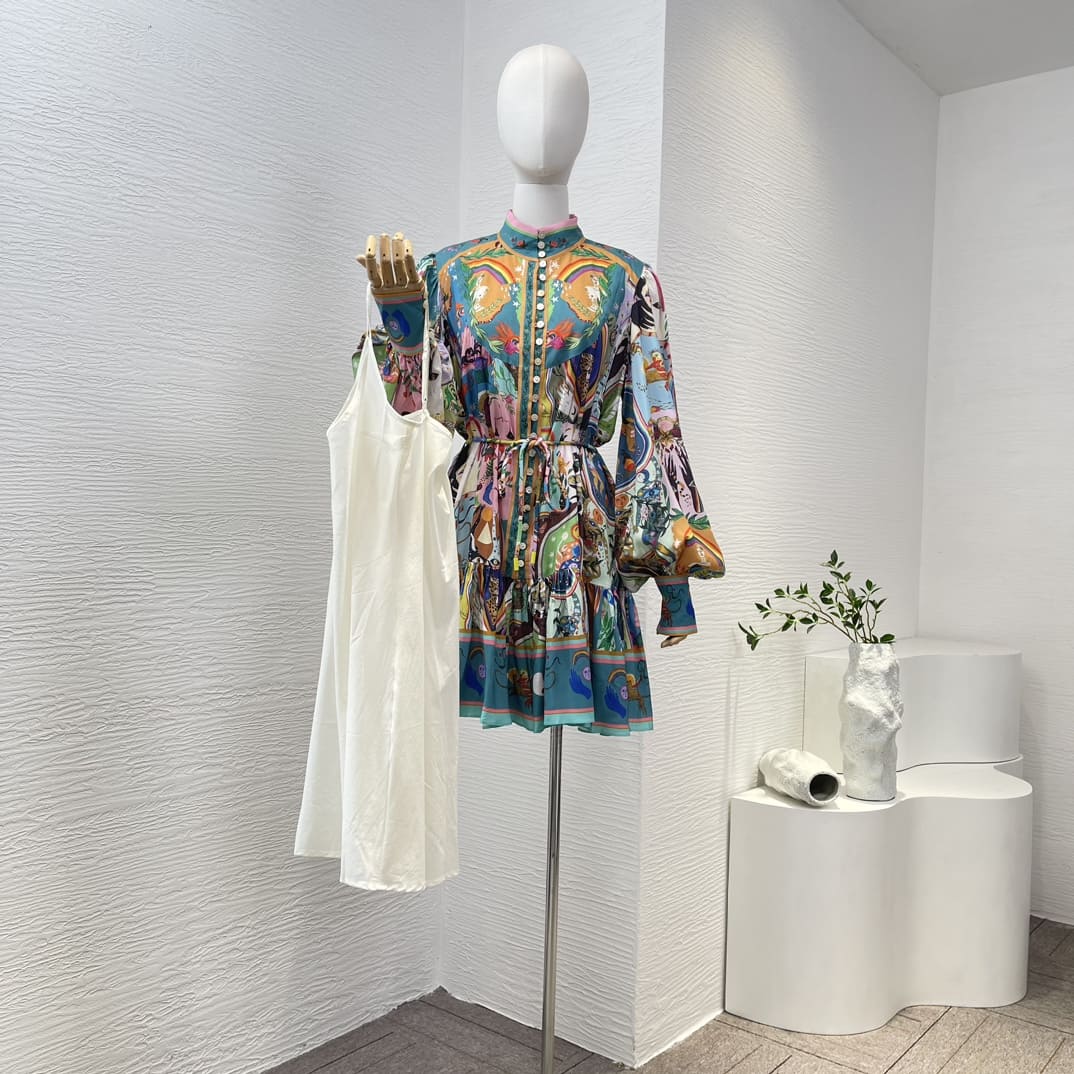 VÁY ZIMMERMANN Animals Print Long Lantern Sleeve Loose Mini Dress High Classy