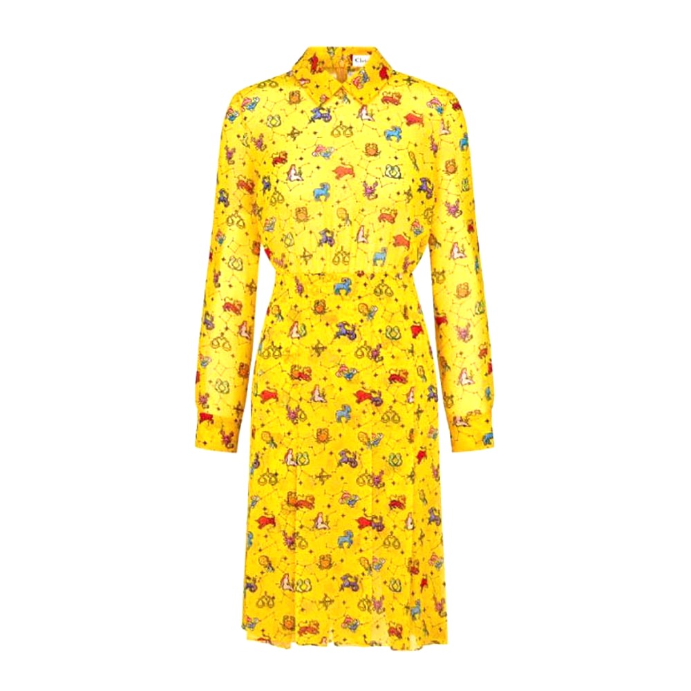 Váy Dior Mid-Length Shirt Dress Yellow Silk Chiffon with Multicolor Dior Pixel Zodiac Motif
