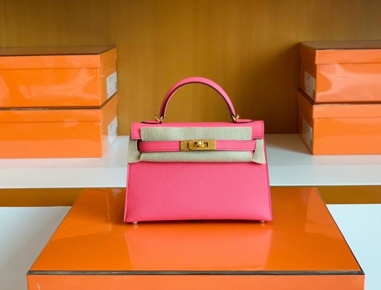 Túi Hermes Mini Kelly Epsom Rose Pink Gold Hardware Handmade khâu tay 19cm