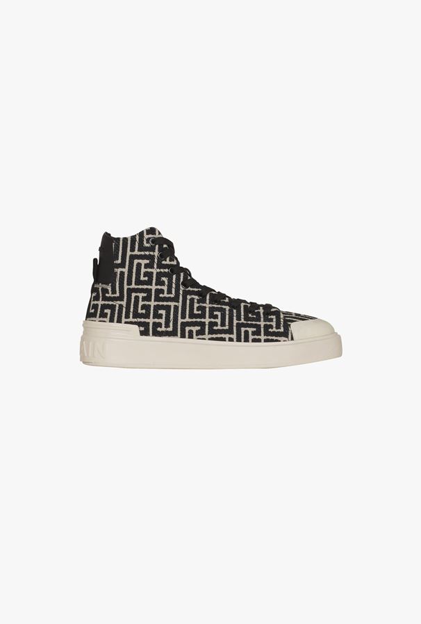 GIÀY BALMAIN Bicolor ivory and black jacquard B-Court high-top sneakers
