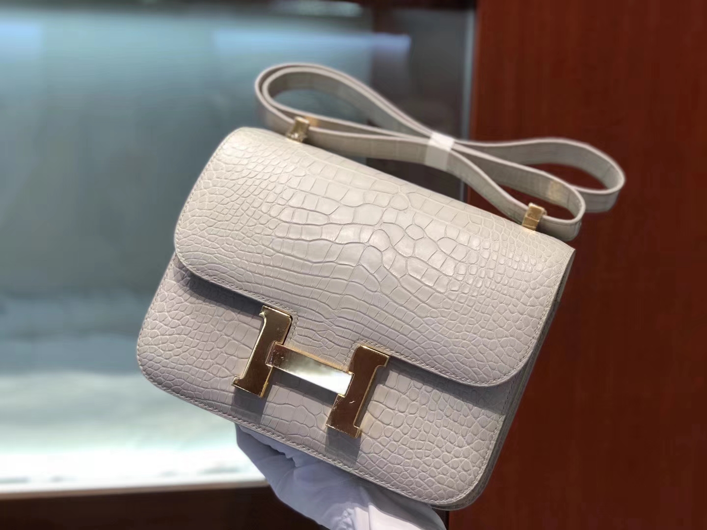 TÚI HERMES CONSTANCE 23CM da cá sấu nam mỹ màu trắng blue platinum hardware