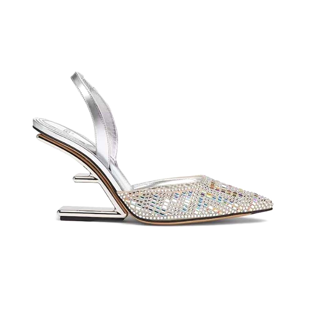 GIÀY Fendi First Silver-colored Rhinestone High-heeled Slingbacks